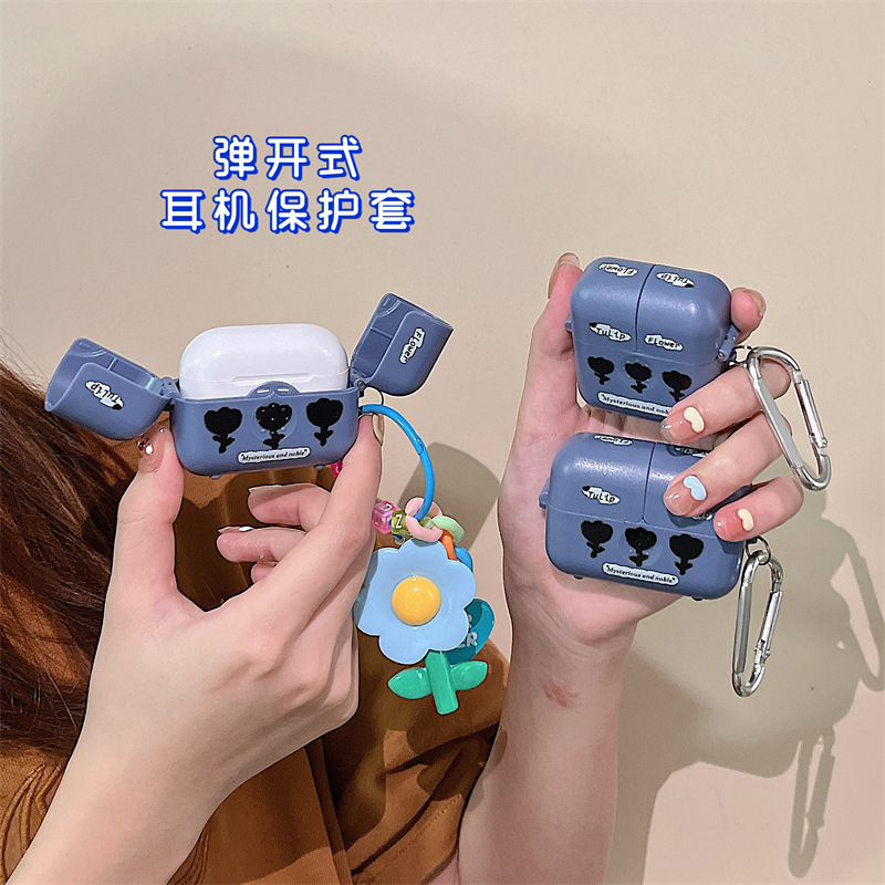 ins韩风黑色花朵适用AirPods Pro保护套2/3代苹果蓝牙耳机硬壳女