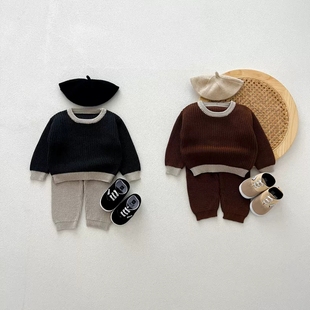 婴幼童男女秋冬装欧美简约风婴幼儿套头针织上衣裤子休闲套装毛衣