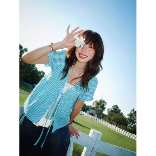 夏季复古格纹假两件短袖衬衫女