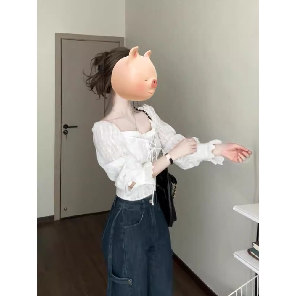 法式白色花边一字肩显瘦女衬衫图片