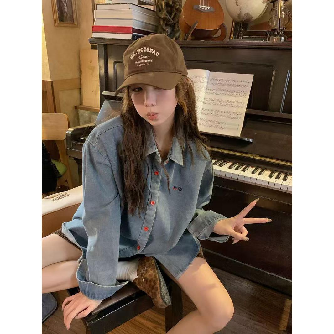 韩系蓝色牛仔POLO领衬衫女春夏图片