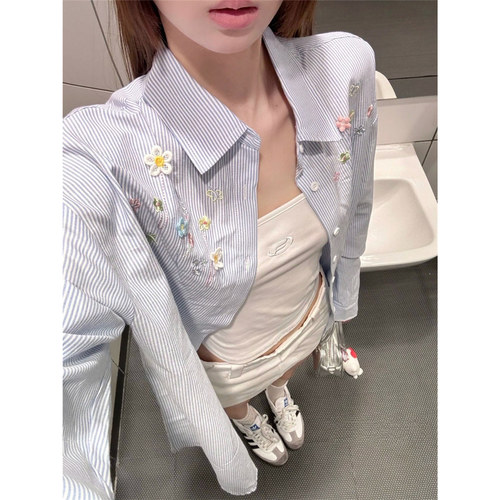 蓝色衬衫女春秋季刺绣外套长袖