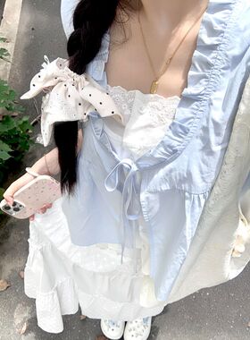 浅蓝色法式蓝色木耳边蝴蝶结系带假两件无袖衬衫女夏甜美上衣小衫