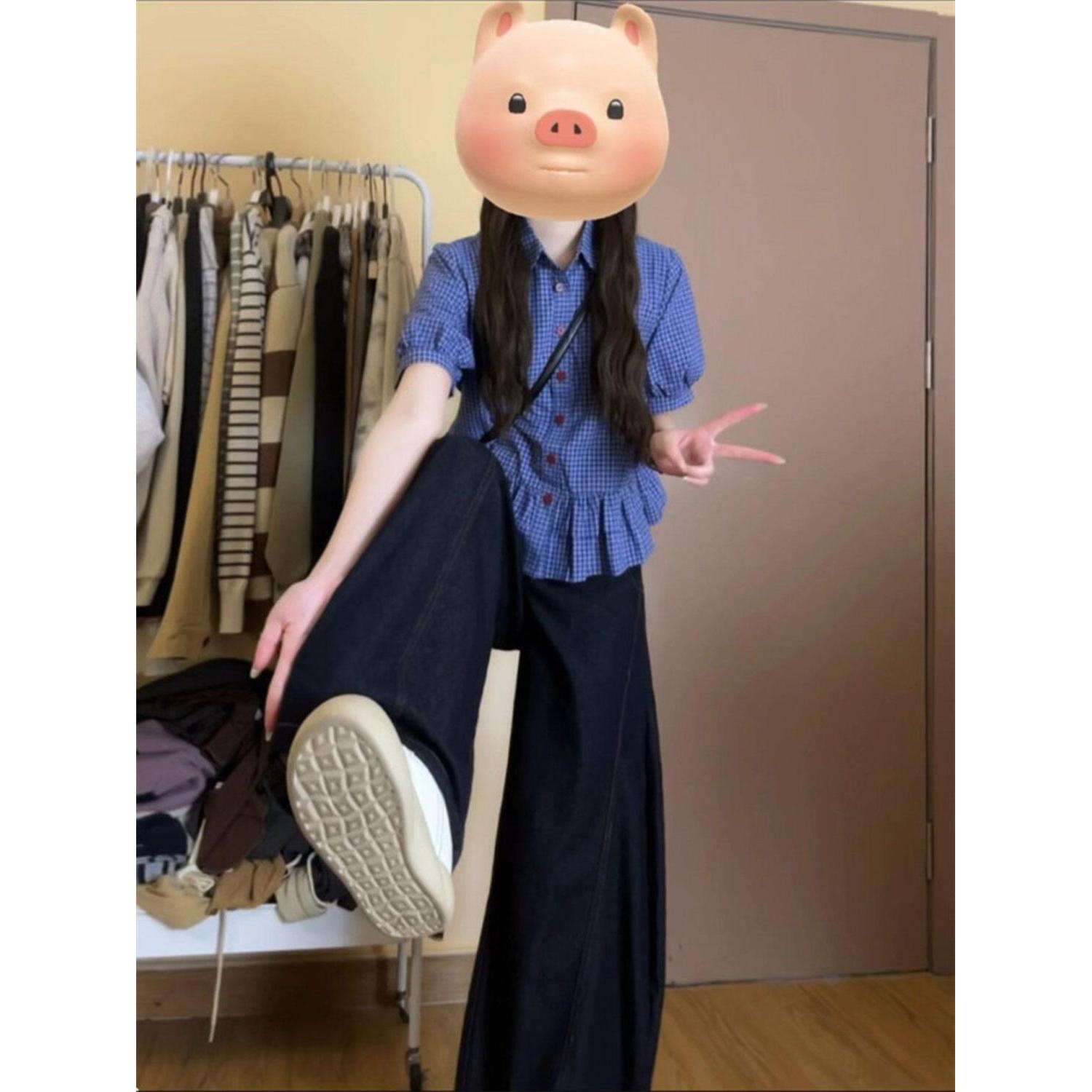 韩系甜美风蓝色格子荷叶边短袖衬衬衫