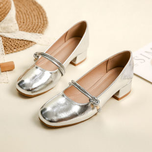 仙女风中跟粗跟浅口银色单鞋 羊皮版 晚晚鞋 法式 女夏 绝美玛丽珍鞋