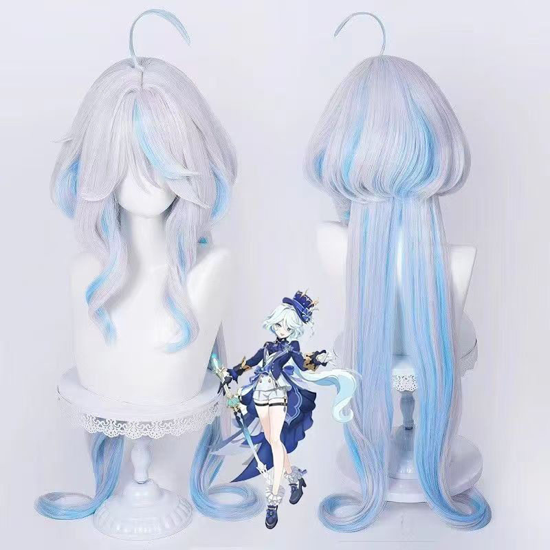 原神芙宁娜cosplay全头套水神芙卡洛斯白蓝挑染毛娘造型仿真发套
