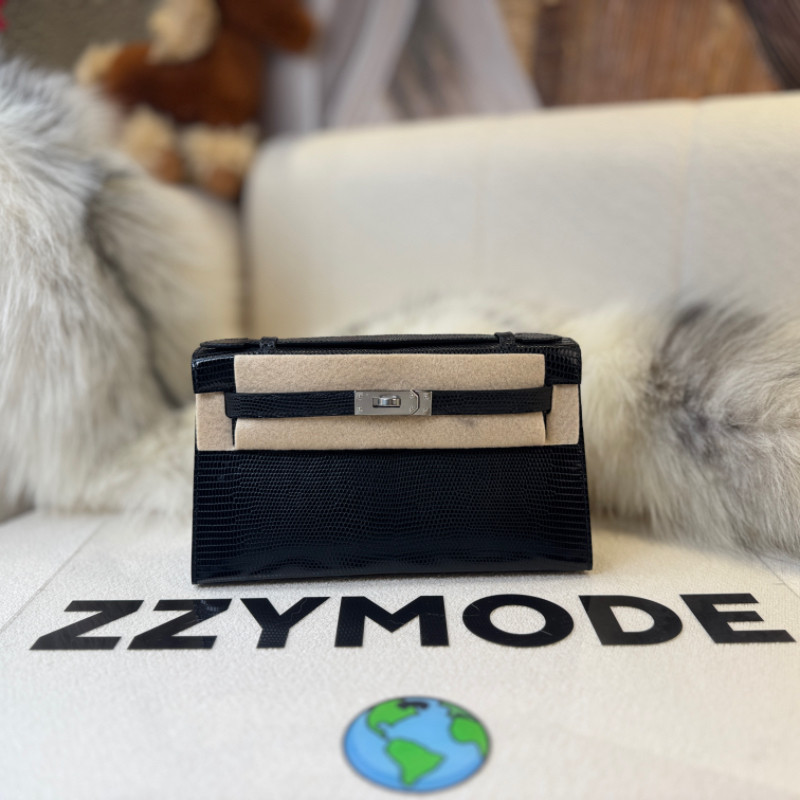 凯莉包 mini 一代 22cm Pochette 黑色 89 Noir Lizard 蜥蜴 银扣