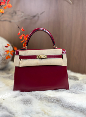 波尔多酒红色BOX皮普皮凯莉包25cm女士手提包金扣全手工缝制带锁