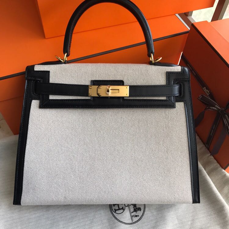 凯莉包 28cm BOX牛皮 拼帆布包我单肩包  Nior 黑色蜡线全手缝