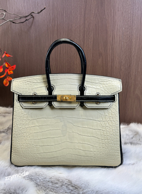 全手缝铂金包25cm进口美洲鳄鱼皮金扣手提单肩斜挎包香草色拼黑色