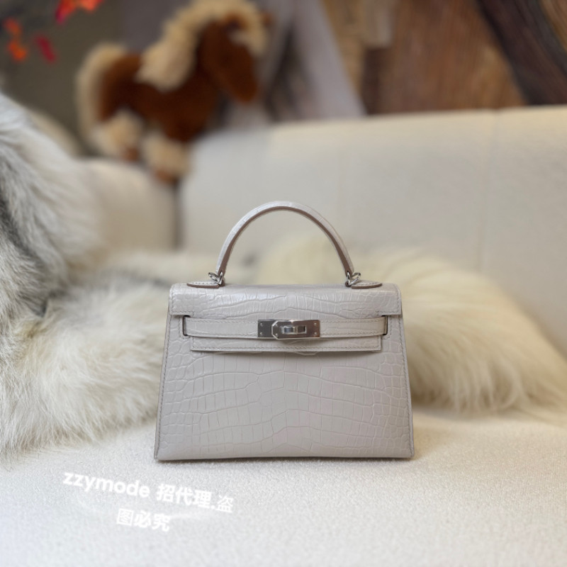 总监手缝 凯莉包 mini 2代 19cm 冰川白 8L  雾面鳄鱼皮 银扣