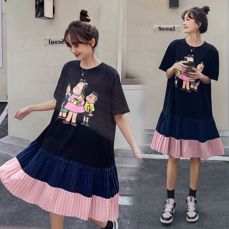 纯棉宽松卡通胖mm夏装t恤裙女短袖韩版显瘦中长款大码孕妇连衣裙