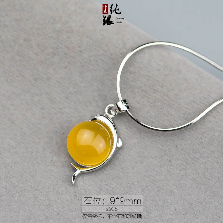 海豚圆形925银饰吊坠托空托镶嵌琥珀蜜蜡玉石男女款9*9