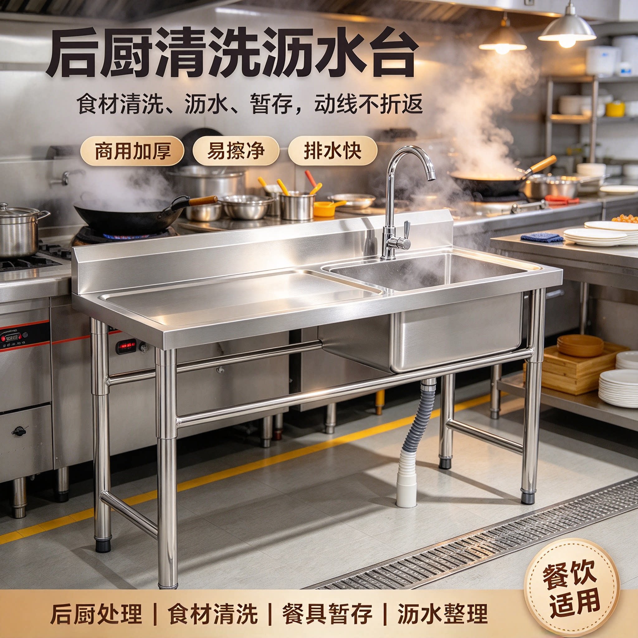 加厚不锈钢商用洗碗水池带支架