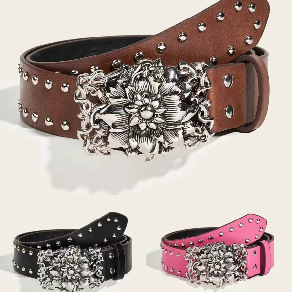 新款柳钉潮流时尚朋克风宽腰带个性女牛仔裤带高级感辣妹配饰棕色