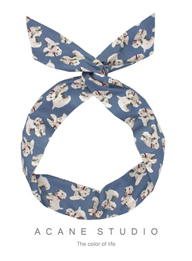 ACANE 雾蓝色西高地狗狗印花棉质甜美可爱少女卡通文艺兔耳朵发带