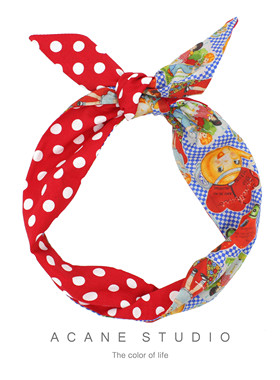 ACANE 蓝色格子复古小女孩波点卡通甜美节日撞色打结交叉发带头饰