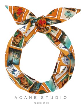 ACANE 橘色底邮票美女头沙滩文艺欧美复古气质个性包头巾头饰品