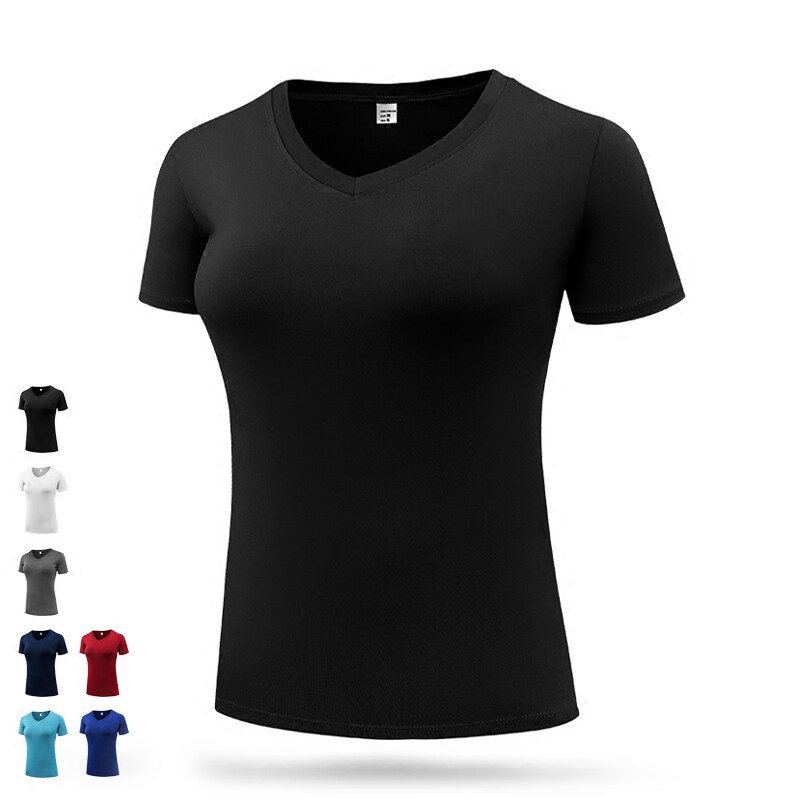 夏季弹力吸汗速干紧身衣女V领短袖健身衣运动t恤跑步瑜伽运动上衣