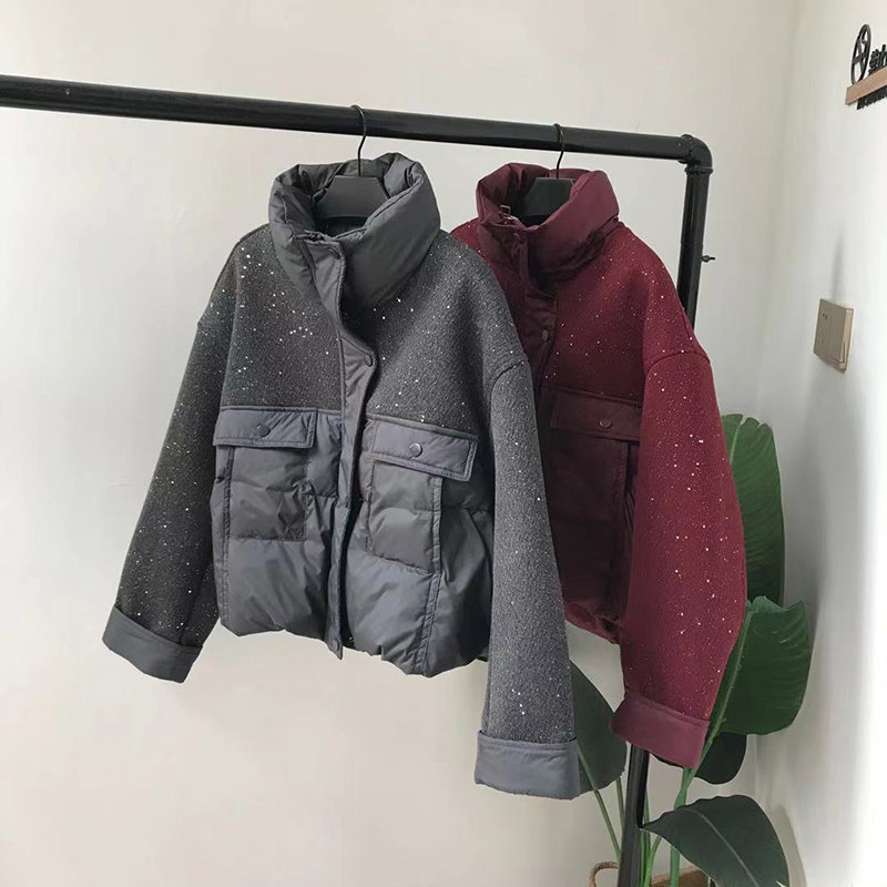 2025冬季新款韩版立领亮晶晶毛呢拼接短款羽绒服小个子红色冬外套