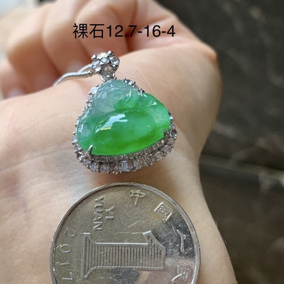 翡翠冰种阳绿色佛公吊坠 18k金钻镶嵌
