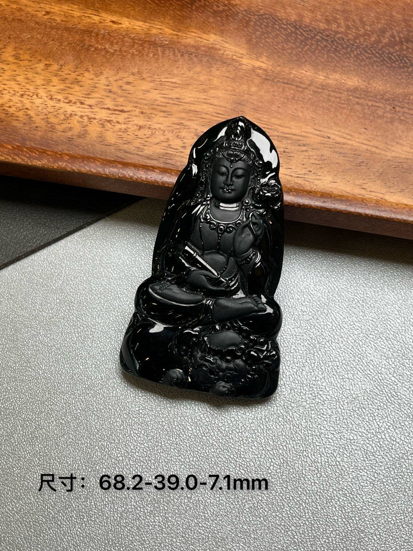 缅甸翡翠墨翠文殊菩萨 黑度十级黑 打灯通透 油性十足