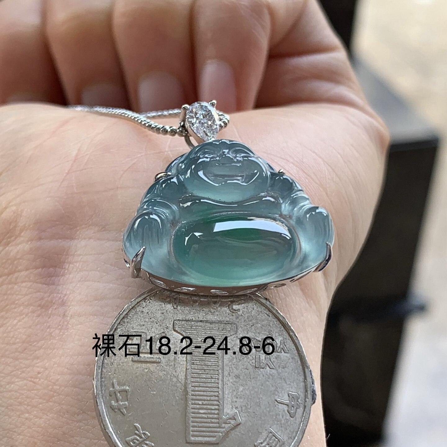 翡翠冰蓝佛公吊坠  18k金钻镶嵌