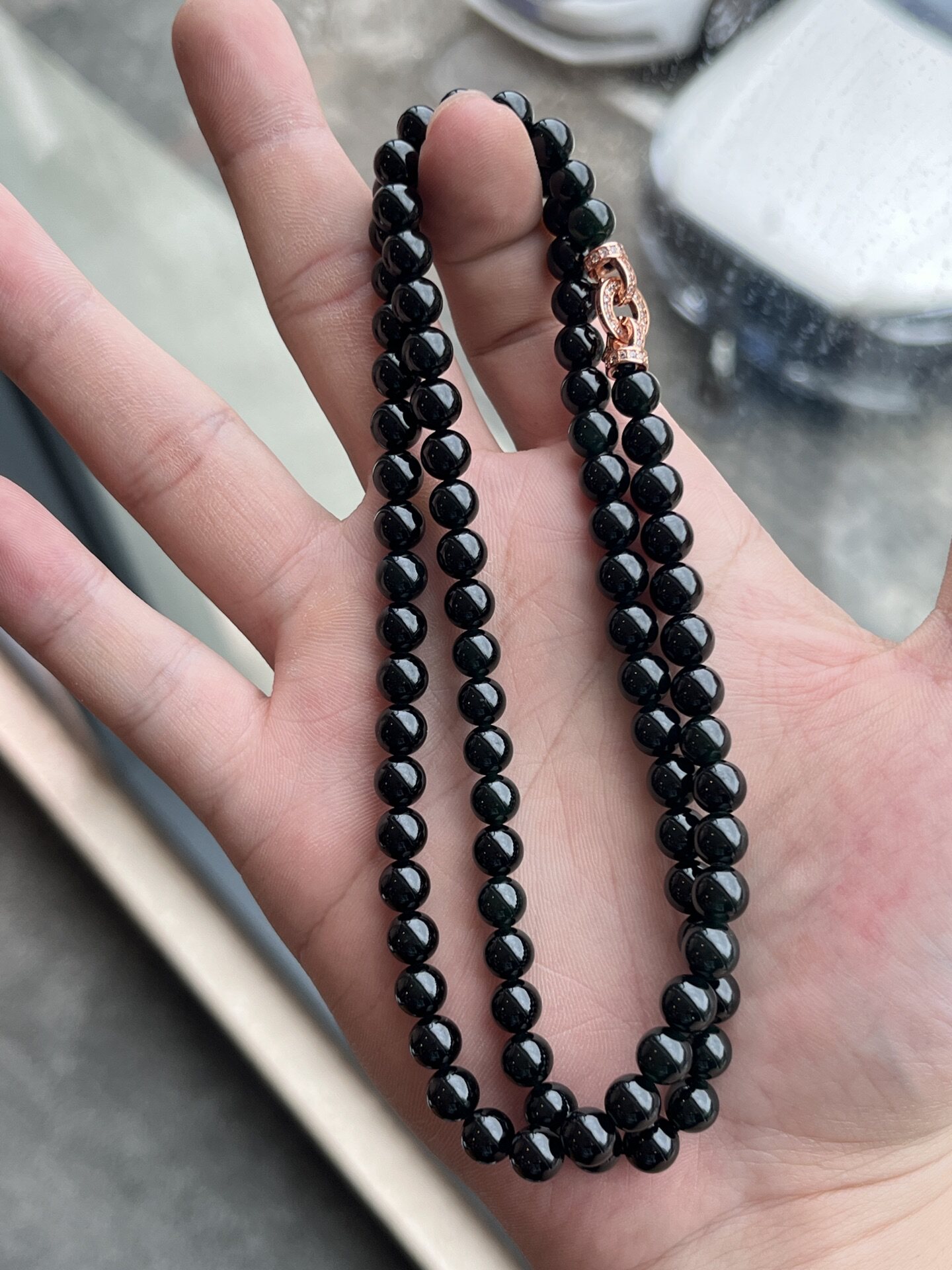 缅甸翡翠墨翠手链 珠串 黑度好 打灯通透 油性十足 88颗 卡6.4mm