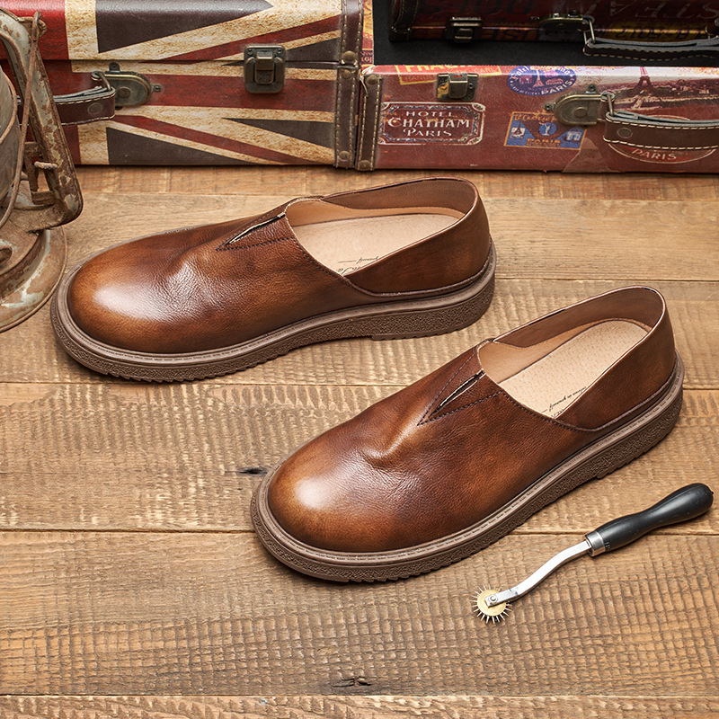 夏季英伦风男士一脚蹬懒人套脚乐福鞋美式复古老北京低帮厚底