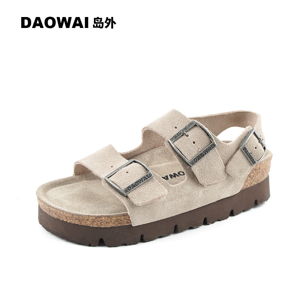 岛外DAOWAI勃肯反毛皮厚底一字带凉鞋