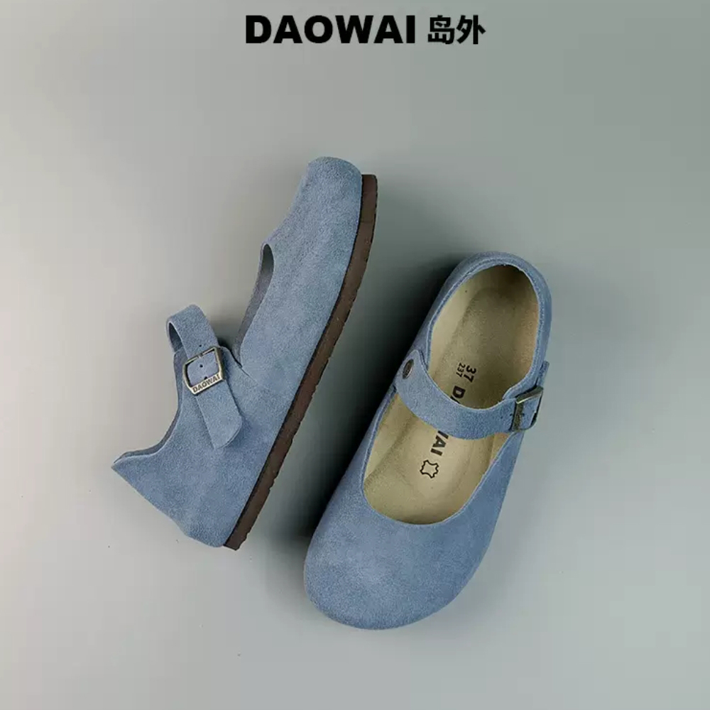 玛丽珍岛外daowai博肯反毛皮浅口复古休闲平跟包头扣带秋冬女单鞋