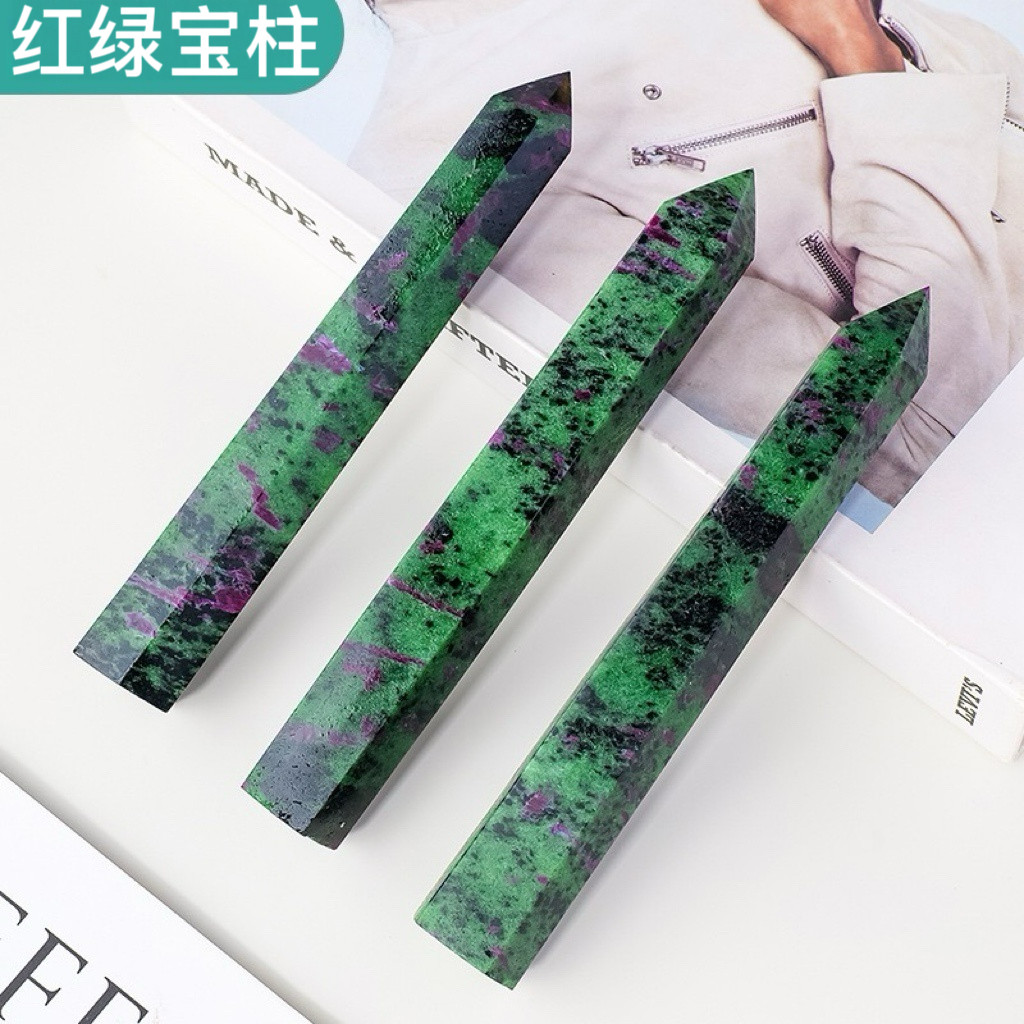 天然红绿宝水晶柱摆件原石打磨单尖六角柱家居装饰品办公室桌面