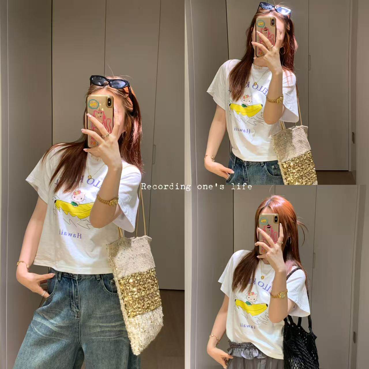 2026新款韩系清新风香蕉船kitty印花短袖T恤女夏季休闲百搭上衣