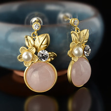 Серьги 质朴天然 韩国正品 天然粉晶手工925纯银耳针耳环 芙蓉石饰品 女