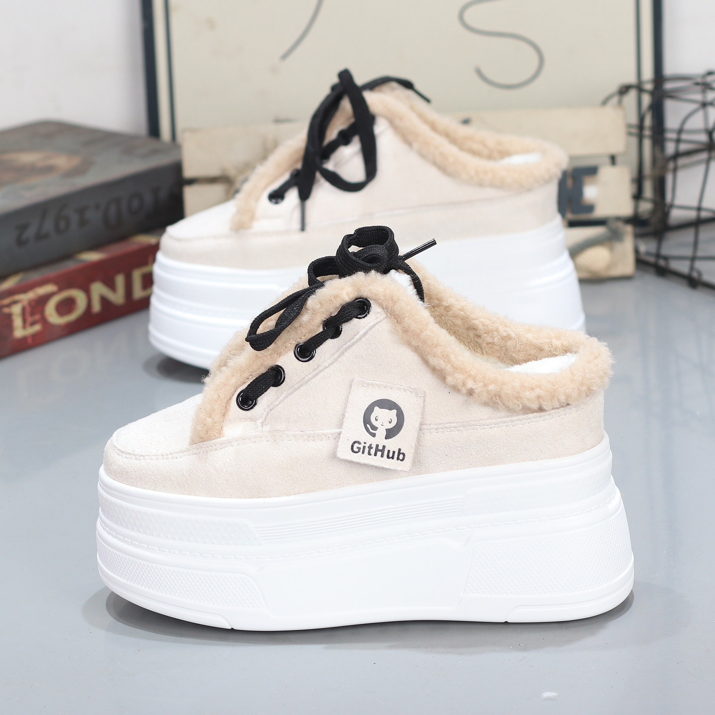 勃肯鞋秋冬加绒包头半拖鞋女厚底内增高11CM无后跟懒人鞋棉毛毛拖