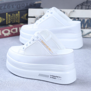 懒人鞋 女厚底内增高10CM小个子无后跟半拖鞋 一脚蹬 小白鞋 2024夏季