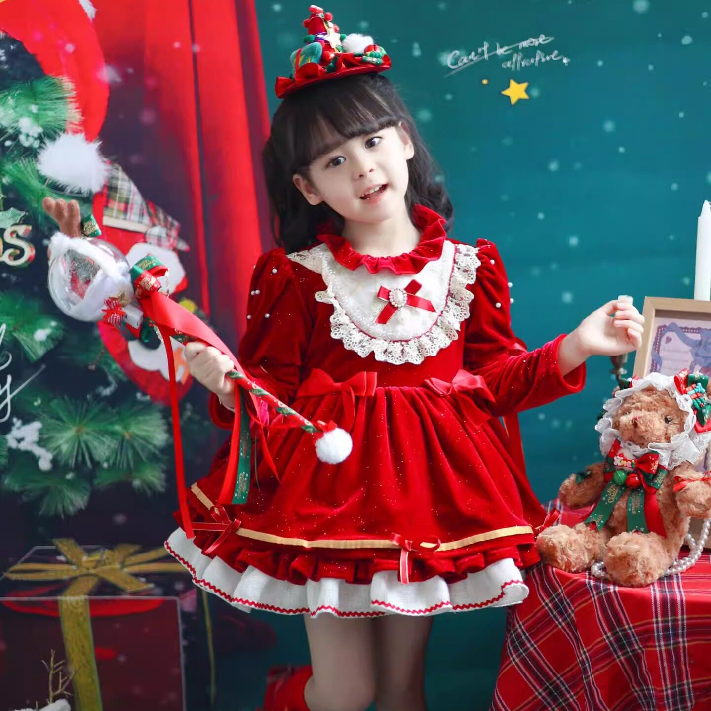 2026新款公主童装女童丝绒连衣裙红色洛丽塔裙子女孩新年公主裙子