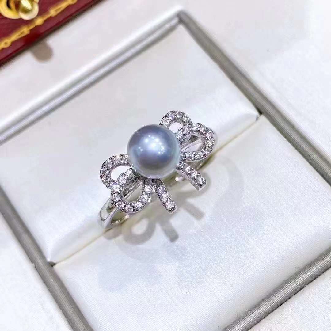DIY配件天然珍珠S925纯银锆石蝴蝶结调节戒指空托 配6~9mm圆扁珠
