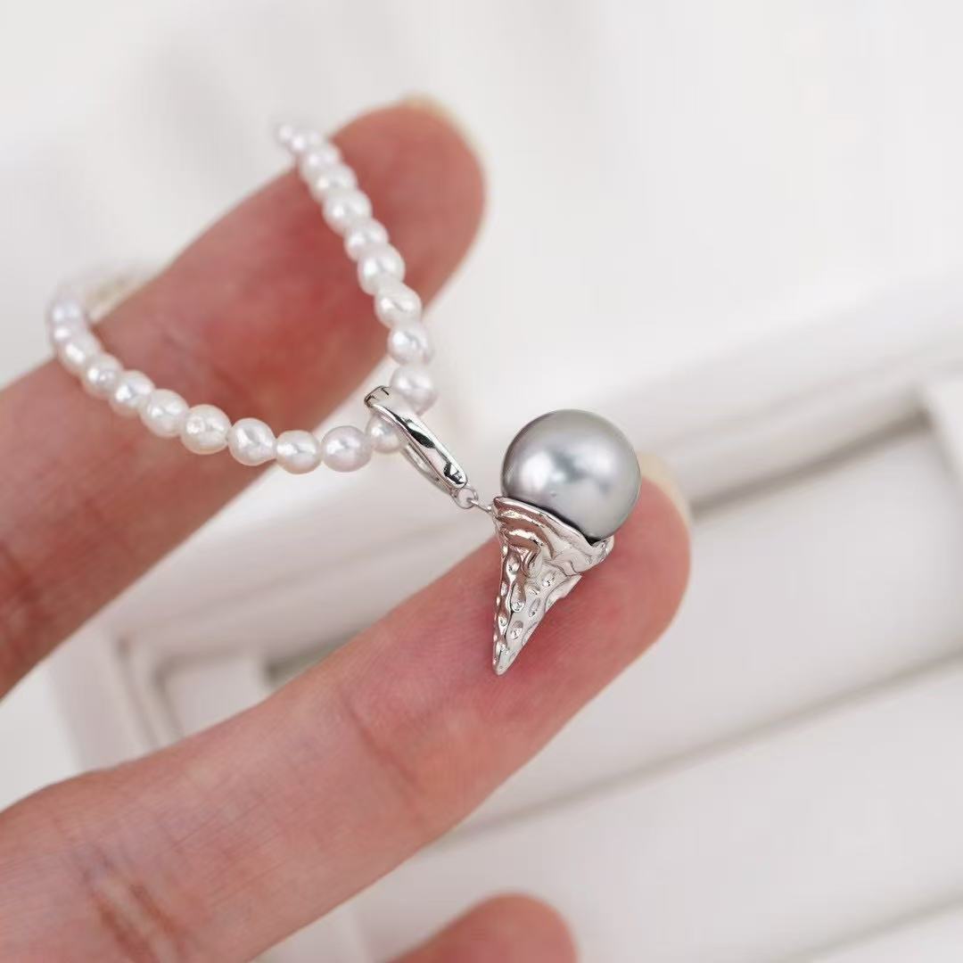 DIY配件天然珍珠S925纯银甜筒冰淇淋万能扣吊坠空托 配8-11mm圆珠