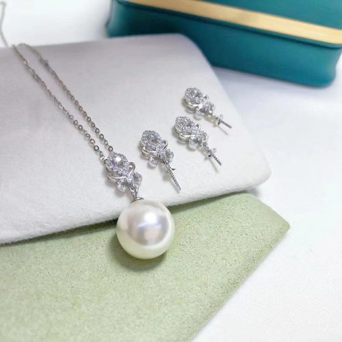 DIY配件天然珍珠S925纯银镶锆石款吊坠项坠空托 配8-15mm圆椭珠