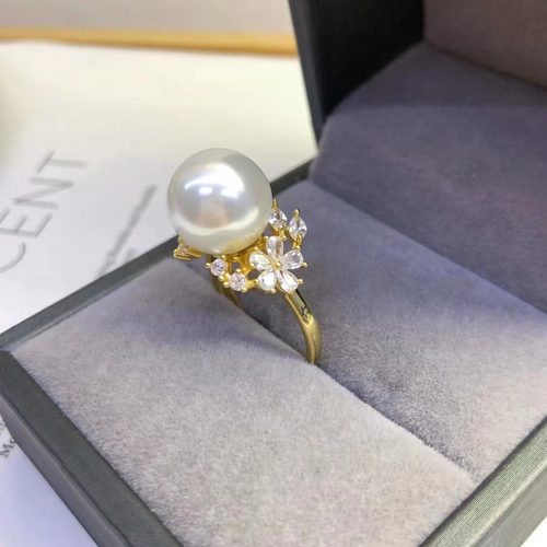 DIY配件天然珍珠S925纯银时尚个性款调节戒指空托配11-12mm圆扁珠