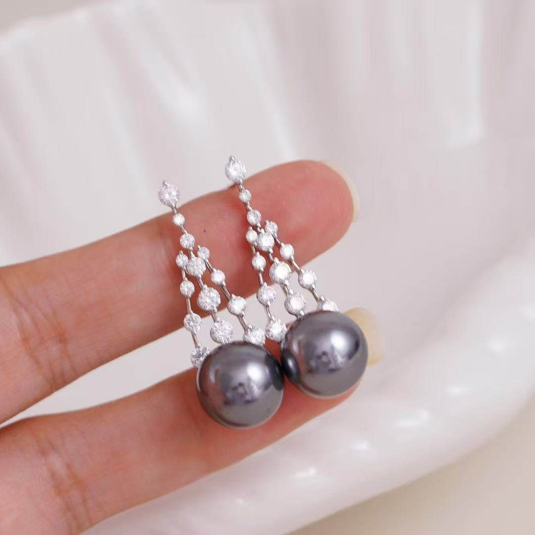 DIY配件天然珍珠S925纯银时尚新款流星锆石耳钉空托配10-12mm圆珠