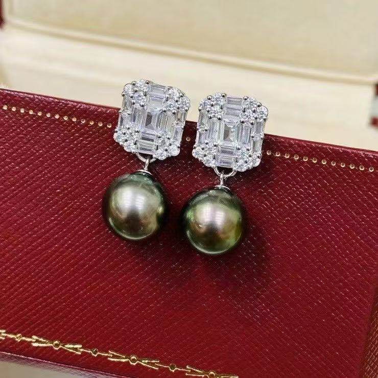 DIY配件天然珍珠S925纯银时尚冰糖锆石方形耳钉空托配11-14mm圆珠