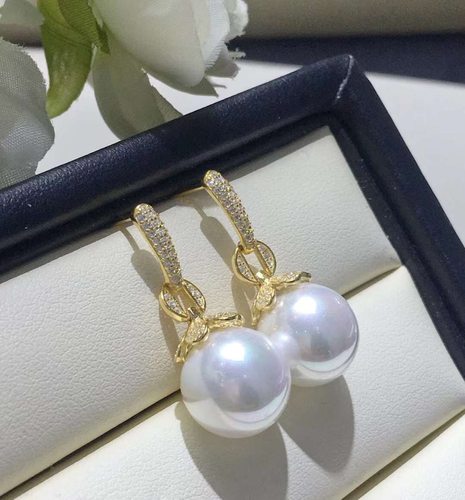 DIY配件天然珍珠S925纯银Ｋ金工艺新款锆石耳钉空托配10-15mm圆珠