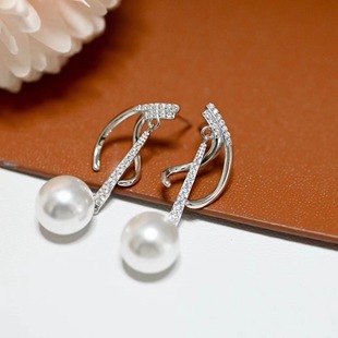 DIY配件天然珍珠S925纯银时尚 12mm圆珠椭圆 线条锆石耳钉空托配7
