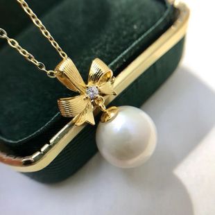 DIY配件天然珍珠S925纯银拉丝蝴蝶结吊坠项坠空托 10mm圆椭珠 配7