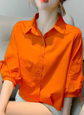 纯棉衬衫女夏季新款韩版宽松透气上衣灯笼袖衬衣五分袖百搭设计感