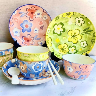 家用陶瓷碗菜盘吃饭碗高颜值套装 可爱网红4.5英寸碗手绘釉下彩碗