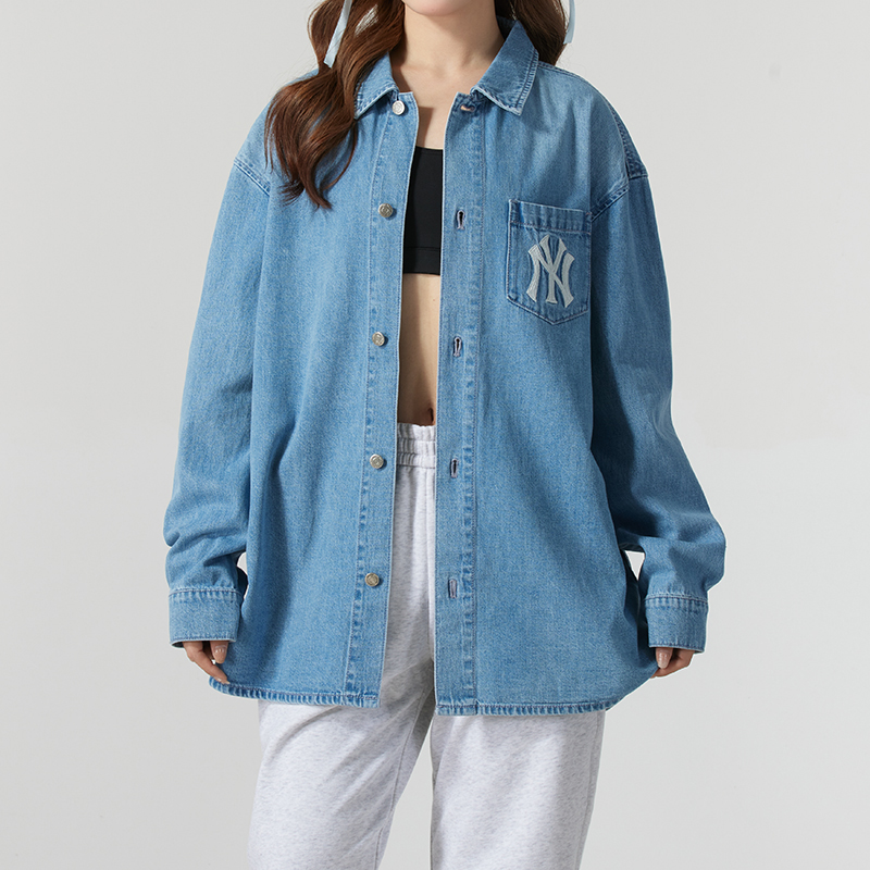 MLB男女装复古牛仔翻领长袖衬衫