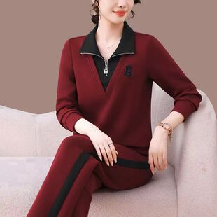 高端运动服套装女春秋季2026新款时尚洋气翻领卫衣休闲妈妈两件套